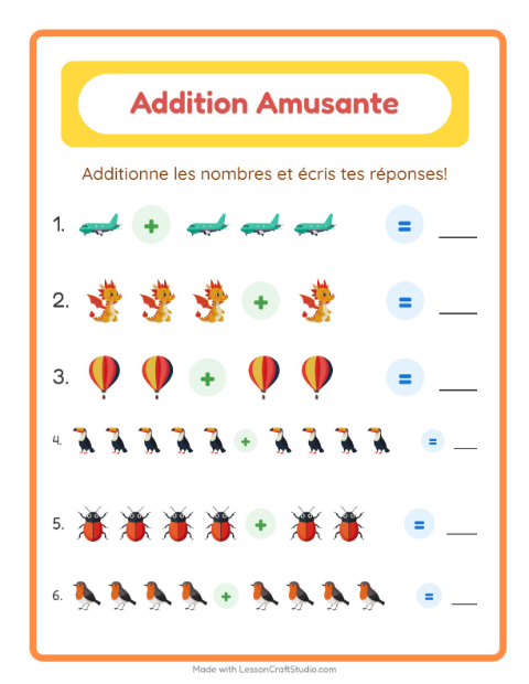 Aperçu de la fiche Addition avec Choses qui volent pour École maternelle (grande section, 5-7 ans)