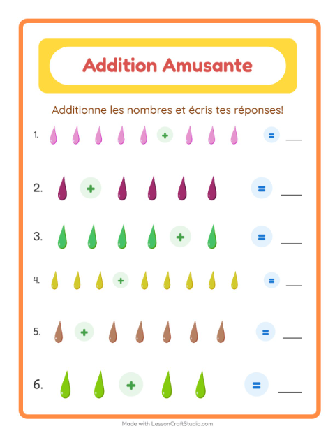 Aperçu de la fiche Addition avec Couleurs pour École maternelle (grande section, 5-7 ans)