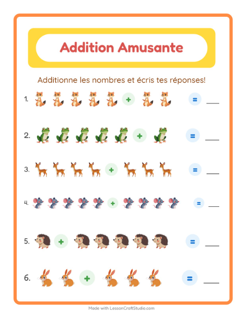 Aperçu de la fiche Addition avec Créatures de la forêt pour École maternelle (grande section, 5-7 ans)
