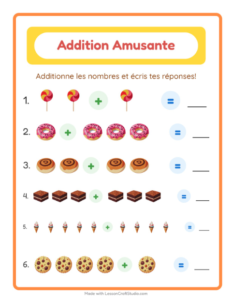 Aperçu de la fiche Addition avec Desserts et sucreries pour École maternelle (grande section, 5-7 ans)