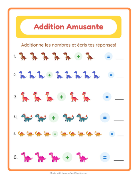 Aperçu de la fiche Addition avec Dinosaures pour École maternelle (grande section, 5-7 ans)