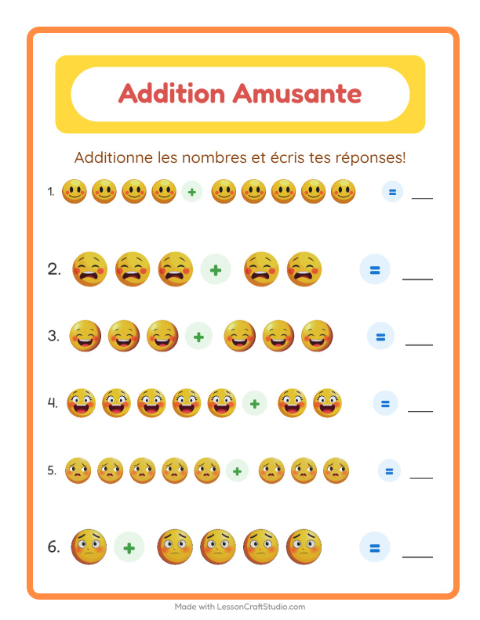 Aperçu de la fiche Addition avec Émotions pour École maternelle (grande section, 5-7 ans)