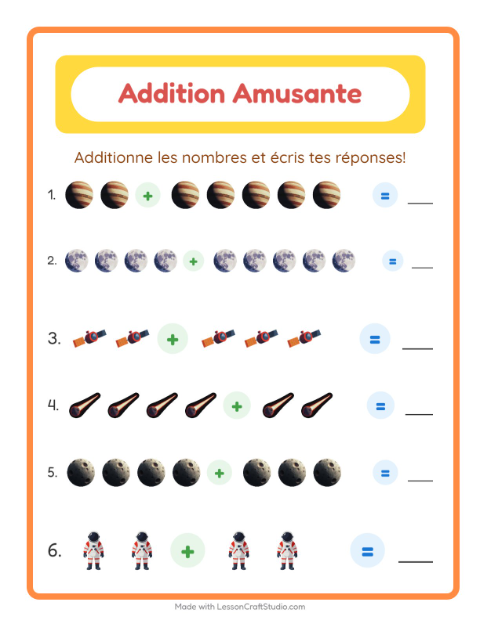 Aperçu de la fiche Addition avec Espace pour École maternelle (grande section, 5-7 ans)