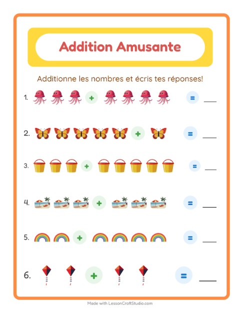 Aperçu de la fiche Addition avec Été pour École maternelle (grande section, 5-7 ans)