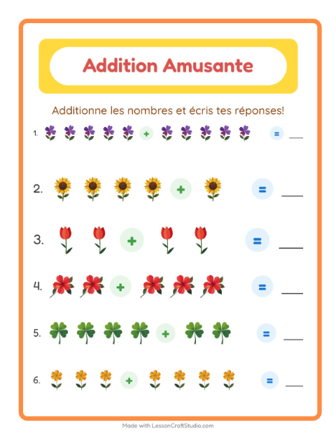Aperçu de la fiche Addition avec Fleurs pour École maternelle (grande section, 5-7 ans)