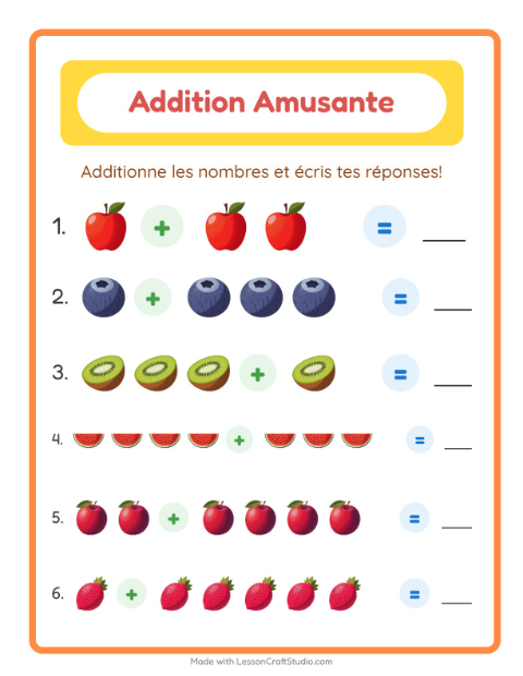 Aperçu de la fiche Addition avec Fruits pour École maternelle (grande section, 5-7 ans)
