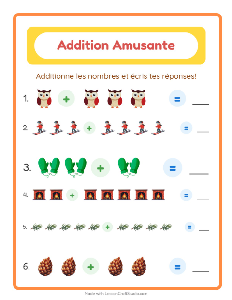 Aperçu de la fiche Addition avec Hiver pour École maternelle (grande section, 5-7 ans)