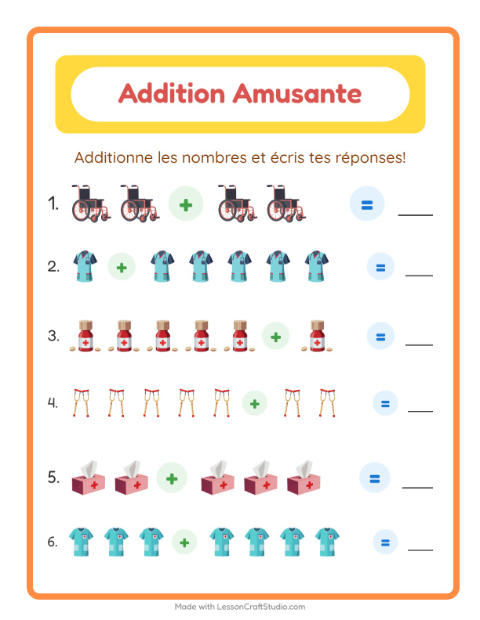 Aperçu de la fiche Addition avec Hôpital pour École maternelle (grande section, 5-7 ans)