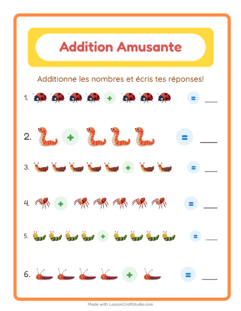 Aperçu de la fiche Addition avec Insectes et bestioles pour École maternelle (grande section, 5-7 ans)