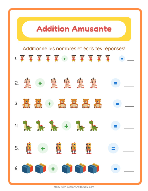 Aperçu de la fiche Addition avec Jouets pour École maternelle (grande section, 5-7 ans)