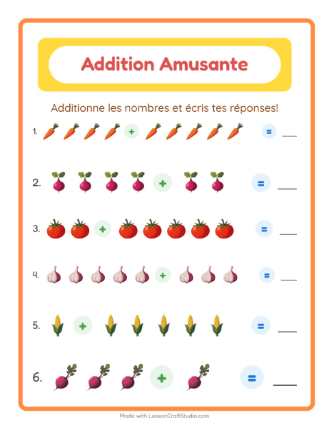 Aperçu de la fiche Addition avec Légumes pour École maternelle (grande section, 5-7 ans)