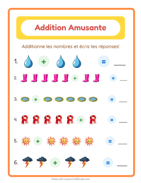 Aperçu de la fiche Addition avec Météo pour École maternelle (grande section, 5-7 ans)