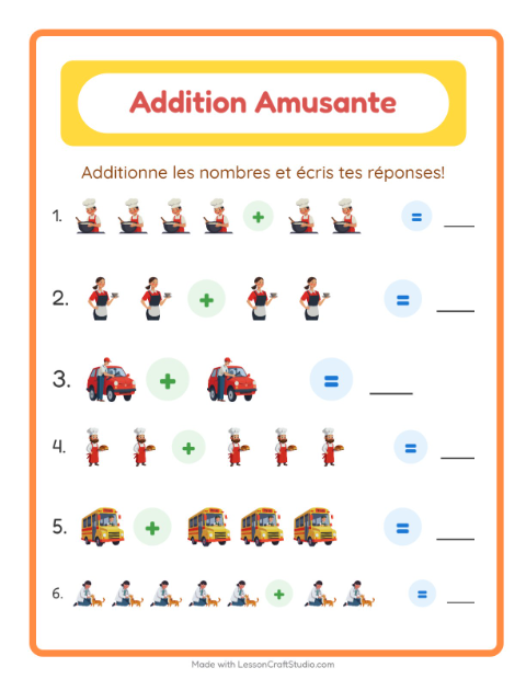 Aperçu de la fiche Addition avec Métiers pour École maternelle (grande section, 5-7 ans)