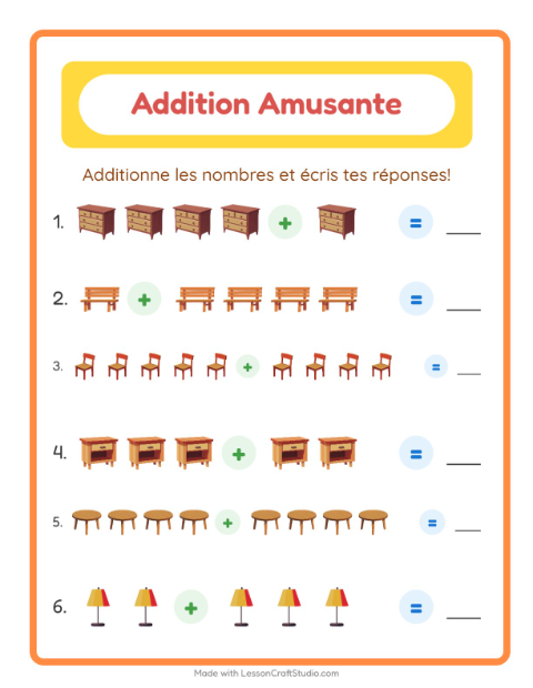 Aperçu de la fiche Addition avec Meubles pour École maternelle (grande section, 5-7 ans)