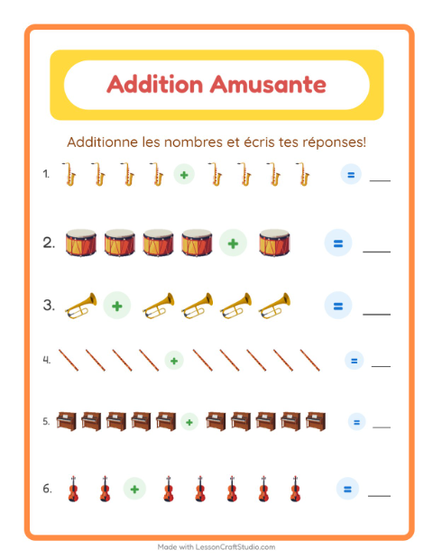 Aperçu de la fiche Addition avec Musique pour École maternelle (grande section, 5-7 ans)