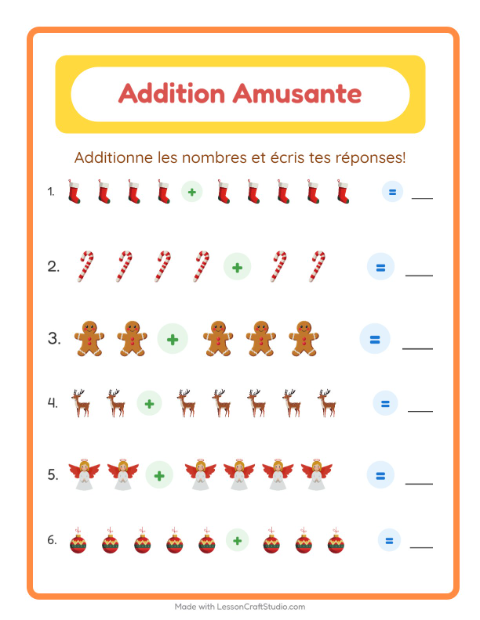 Aperçu de la fiche Addition avec Noël pour École maternelle (grande section, 5-7 ans)