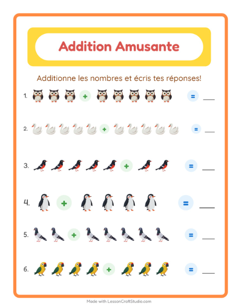 Aperçu de la fiche Addition avec Oiseaux 2 pour École maternelle (grande section, 5-7 ans)