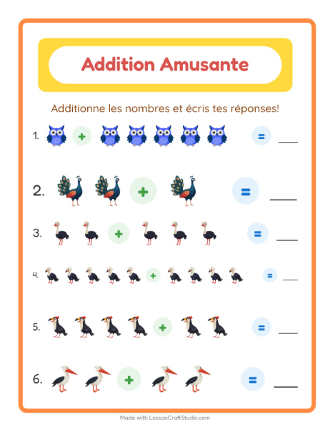 Aperçu de la fiche Addition avec Oiseaux pour École maternelle (grande section, 5-7 ans)