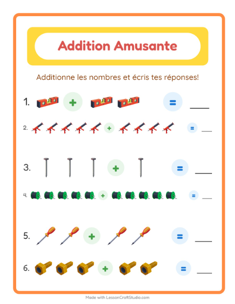 Aperçu de la fiche Addition avec Outils pour École maternelle (grande section, 5-7 ans)