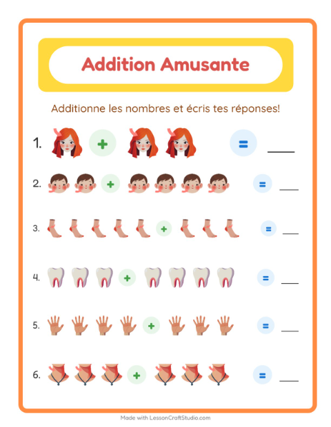 Aperçu de la fiche Addition avec Parties du corps pour École maternelle (grande section, 5-7 ans)