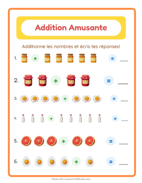 Aperçu de la fiche Addition avec Petit-déjeuner pour École maternelle (grande section, 5-7 ans)