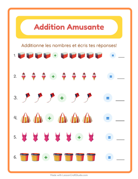 Aperçu de la fiche Addition avec Plage pour École maternelle (grande section, 5-7 ans)