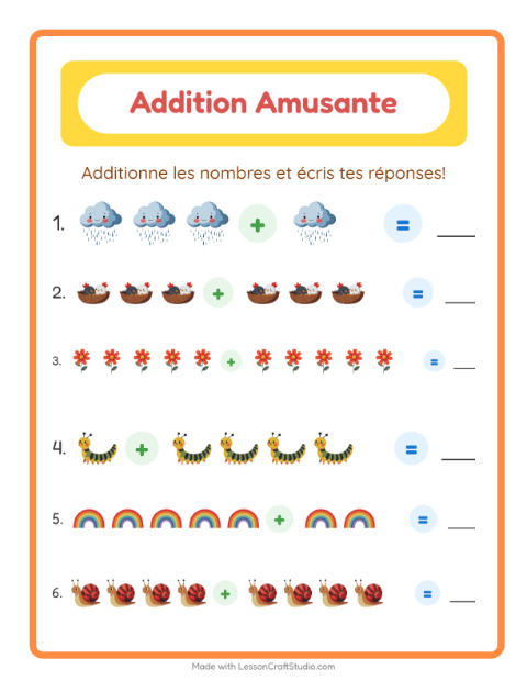 Aperçu de la fiche Addition avec Printemps pour École maternelle (grande section, 5-7 ans)