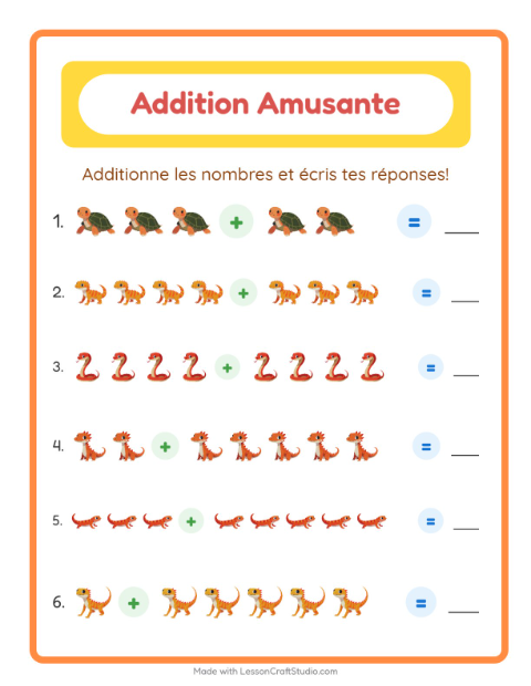 Aperçu de la fiche Addition avec Reptiles et amphibiens pour École maternelle (grande section, 5-7 ans)