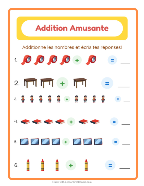 Aperçu de la fiche Addition avec Salle de classe pour École maternelle (grande section, 5-7 ans)