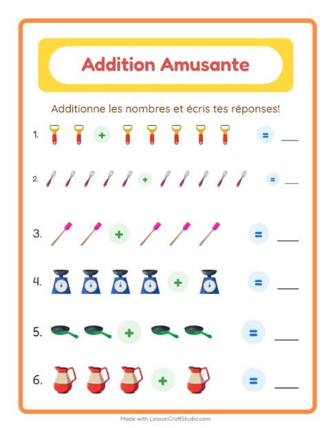 Aperçu de la fiche Addition avec Ustensiles de cuisine pour École maternelle (grande section, 5-7 ans)