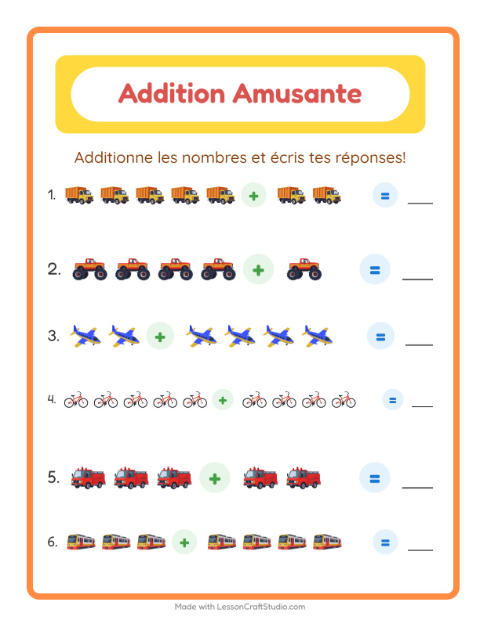 Aperçu de la fiche Addition avec Véhicules pour École maternelle (grande section, 5-7 ans)