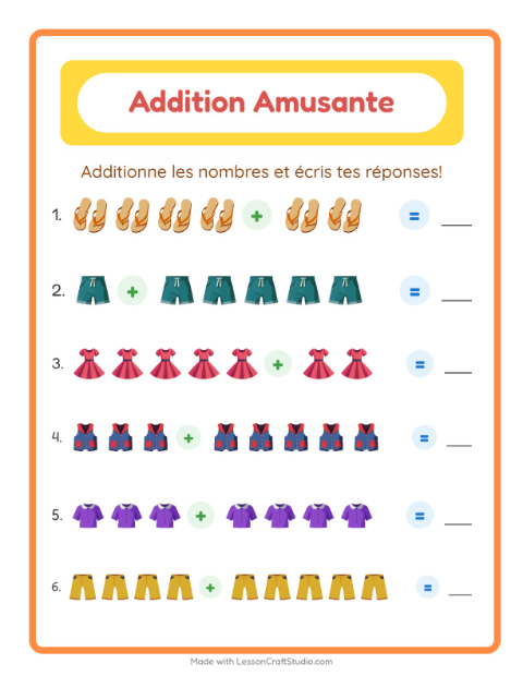 Aperçu de la fiche Addition avec Vêtements pour École maternelle (grande section, 5-7 ans)