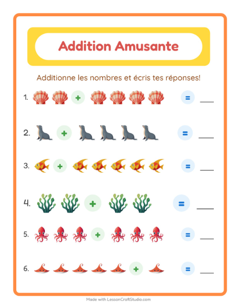 Aperçu de la fiche Addition avec Vie océanique pour École maternelle (grande section, 5-7 ans)