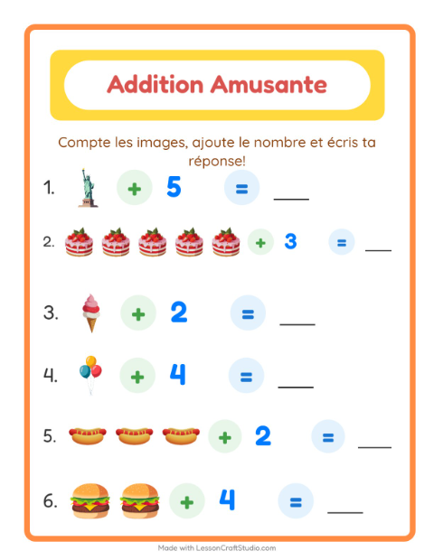 Aperçu de la fiche Addition avec 4 juillet pour École maternelle (grande section, 5-7 ans)
