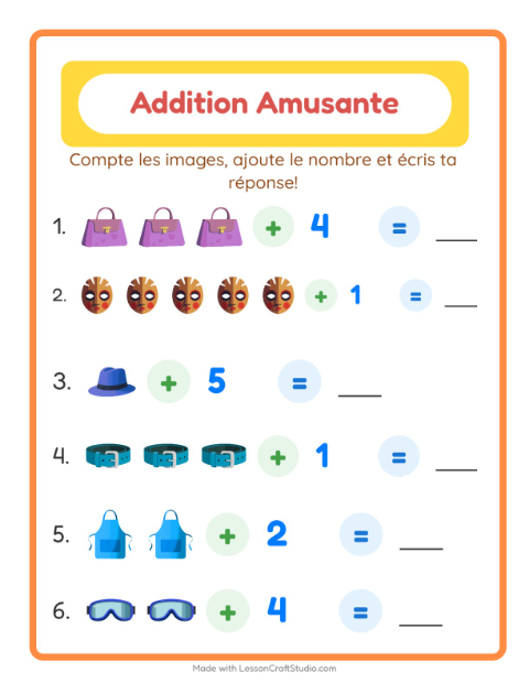 Aperçu de la fiche Addition avec Accessoires pour École maternelle (grande section, 5-7 ans)