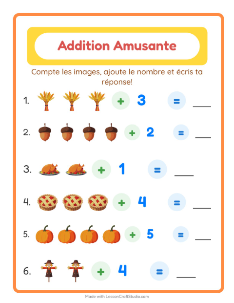 Aperçu de la fiche Addition avec Action de grâce pour École maternelle (grande section, 5-7 ans)