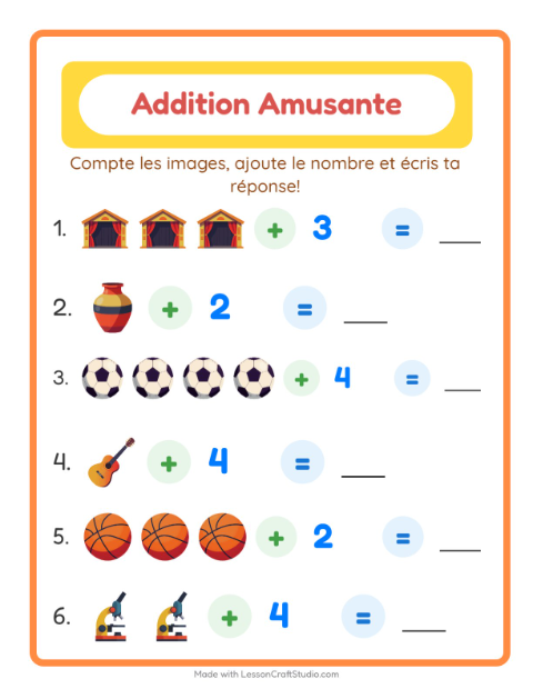 Aperçu de la fiche Addition avec Activités pour École maternelle (grande section, 5-7 ans)