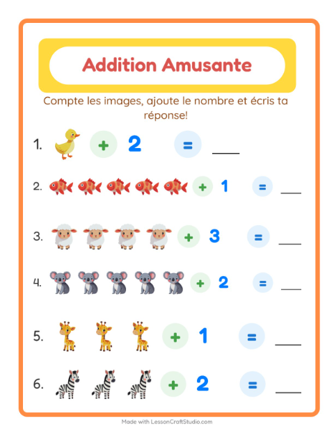 Aperçu de la fiche Addition avec Animaux pour École maternelle (grande section, 5-7 ans)