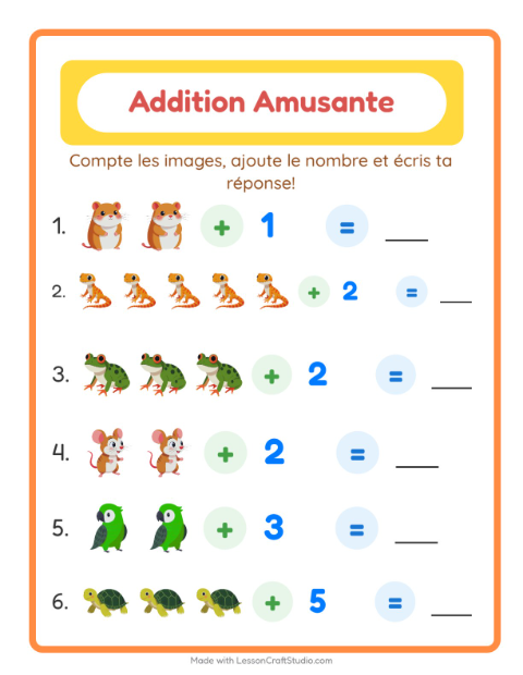 Aperçu de la fiche Addition avec Animaux de compagnie pour École maternelle (grande section, 5-7 ans)