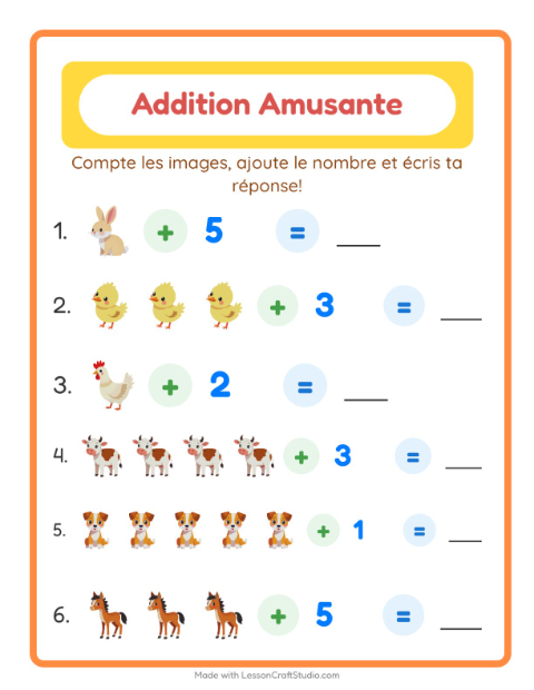 Aperçu de la fiche Addition avec Animaux de la ferme pour École maternelle (grande section, 5-7 ans)