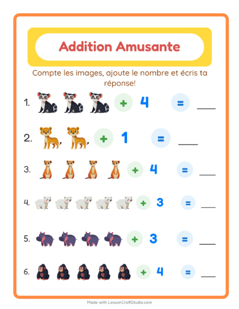Aperçu de la fiche Addition avec Animaux du zoo pour École maternelle (grande section, 5-7 ans)