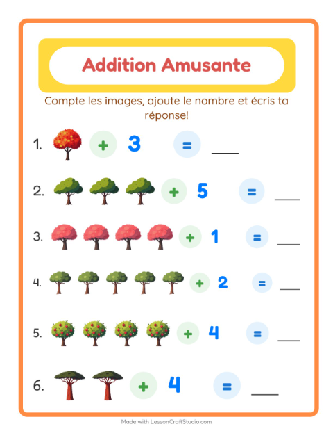 Aperçu de la fiche Addition avec Arbres pour École maternelle (grande section, 5-7 ans)
