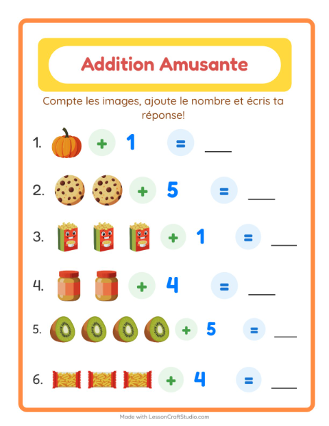 Aperçu de la fiche Addition avec Au supermarché pour École maternelle (grande section, 5-7 ans)