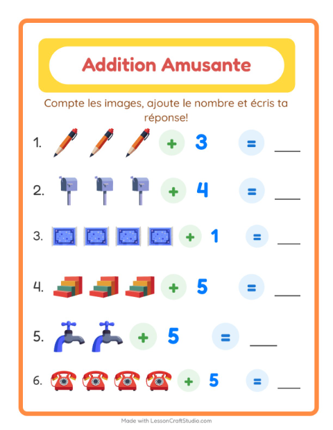 Aperçu de la fiche Addition avec Autour de la maison pour École maternelle (grande section, 5-7 ans)