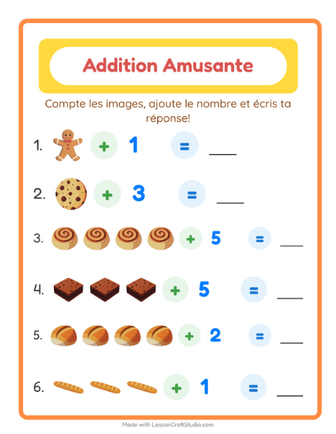 Aperçu de la fiche Addition avec Boulangerie pour École maternelle (grande section, 5-7 ans)
