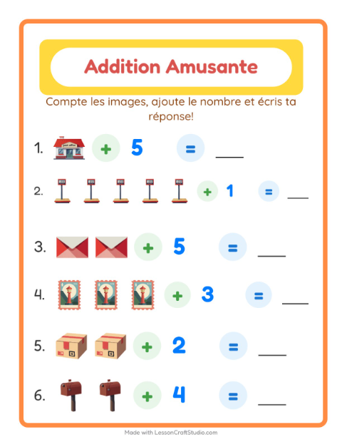 Aperçu de la fiche Addition avec Bureau de poste pour École maternelle (grande section, 5-7 ans)