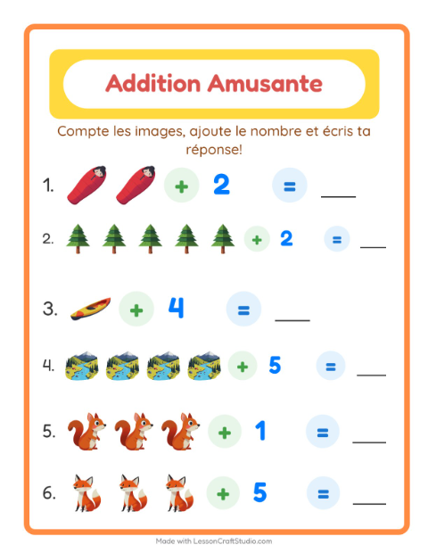 Aperçu de la fiche Addition avec Camping pour École maternelle (grande section, 5-7 ans)