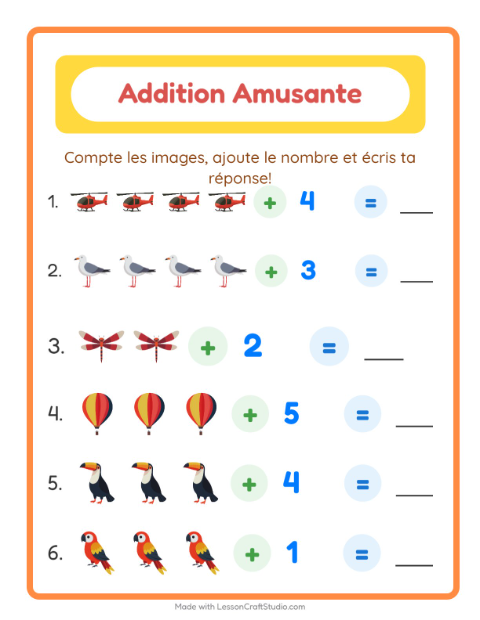 Aperçu de la fiche Addition avec Choses qui volent pour École maternelle (grande section, 5-7 ans)
