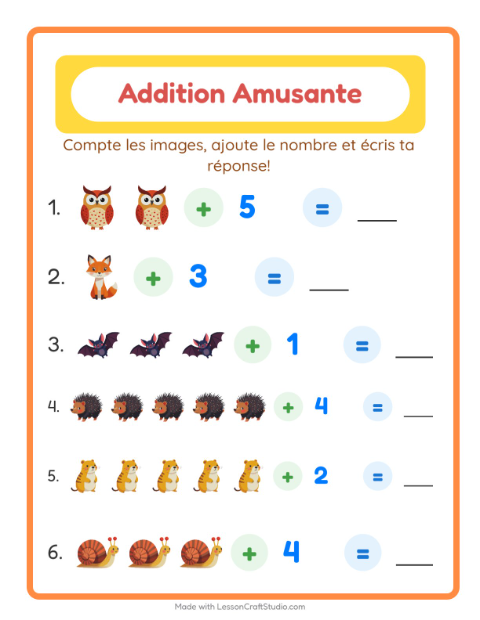 Aperçu de la fiche Addition avec Créatures de la forêt pour École maternelle (grande section, 5-7 ans)