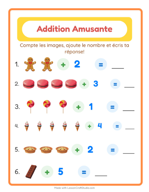 Aperçu de la fiche Addition avec Desserts et sucreries pour École maternelle (grande section, 5-7 ans)